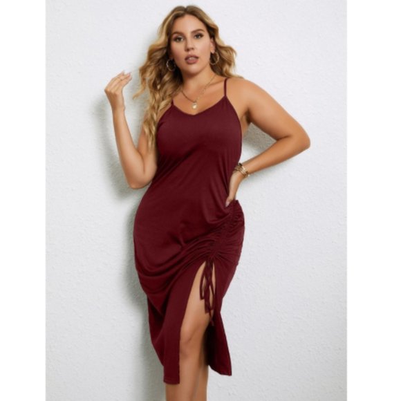 Plus Drawstring Front Split Thigh Cami Dress – Burgundy (16) - Picture 9 of 13
